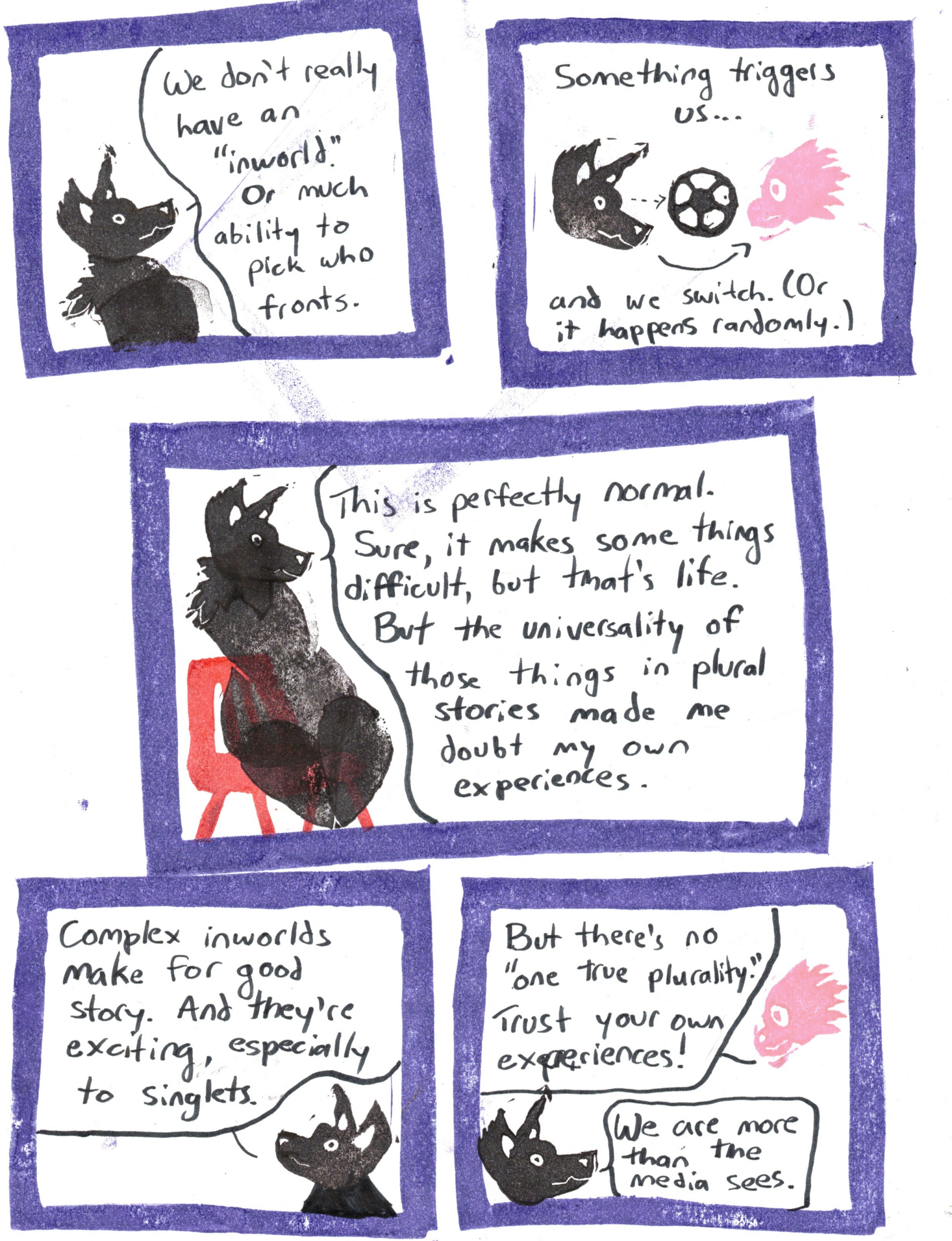 A comic in linocut style featuring a hyena anthro named Maryn and a porcupine anthro named Mish. 